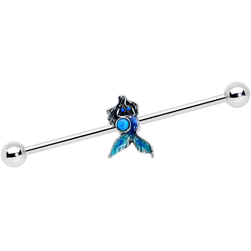 14 Gauge Blue Faux Opal Blue Tail Mermaid Industrial Barbell 38mm