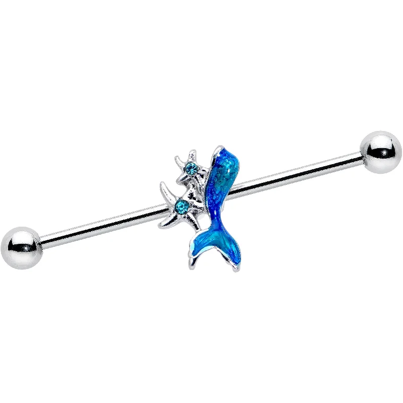 14 Gauge Blue Gem Blue Mermaid Tail Star Industrial Barbell 38mm