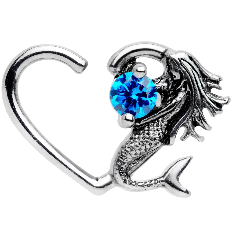 16 Gauge 3/8 Blue CZ Gem Mermaid Treasure Left Heart Closure Ring