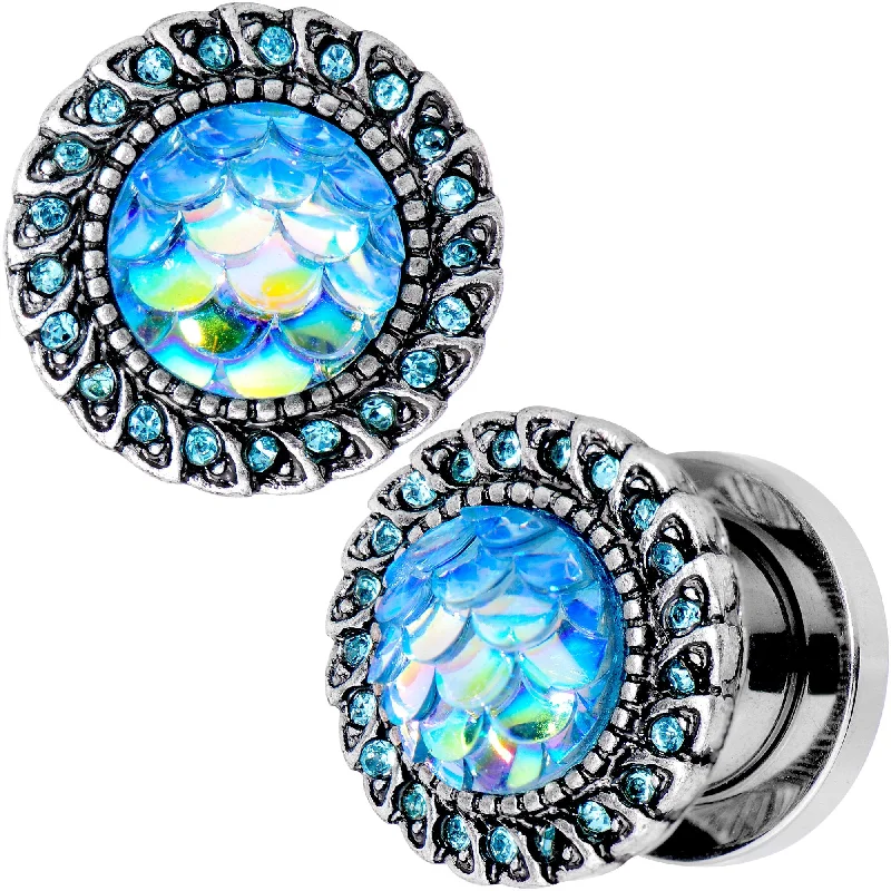 Aqua Gem Iridescent Blue Mermaid Scale Screw Fit Plug Set 6mm to 22mm