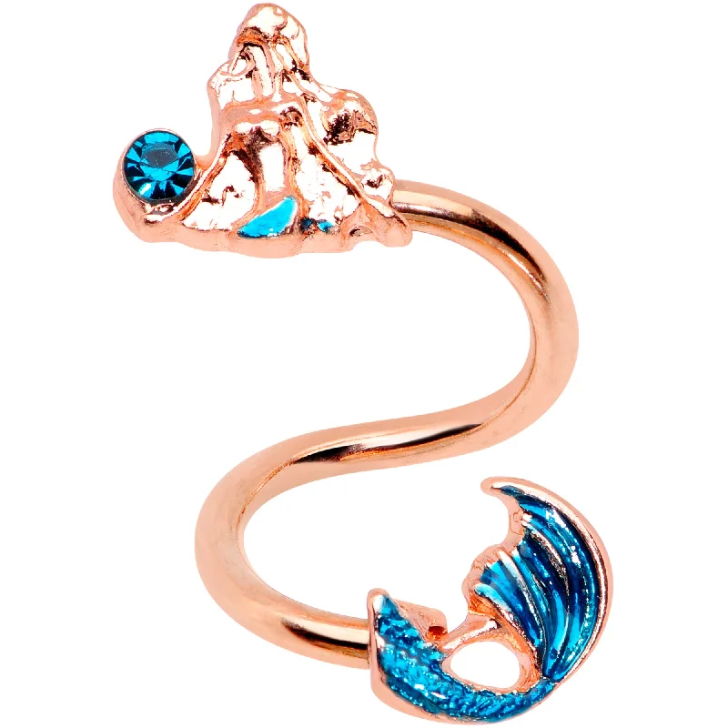 Aqua Gem Rose Gold Tone Gazing Mermaid Spiral Twister Belly Ring