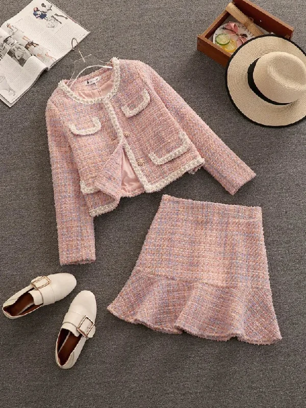 High Quality Fall Winter Plaid Tweed Skirt Two Piece Set Women Woolen Short Jacket Coat + Mermaid Skirt Suits Sweet 2 Piece Set