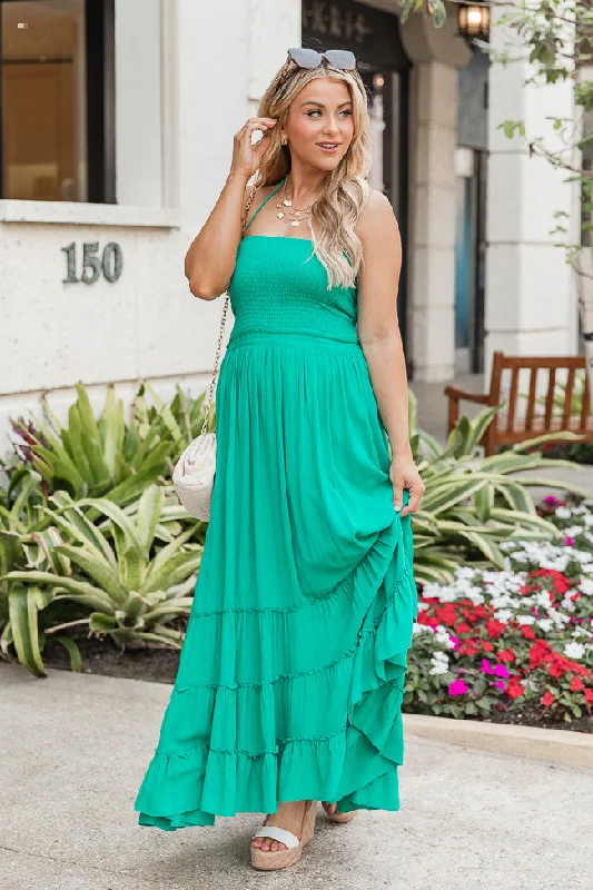 A Peaceful Place Green Smocked Top Halter Maxi Dress FINAL SALE