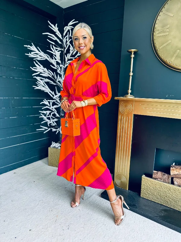 Adriana Belted Shirt Dress Orange & Pink