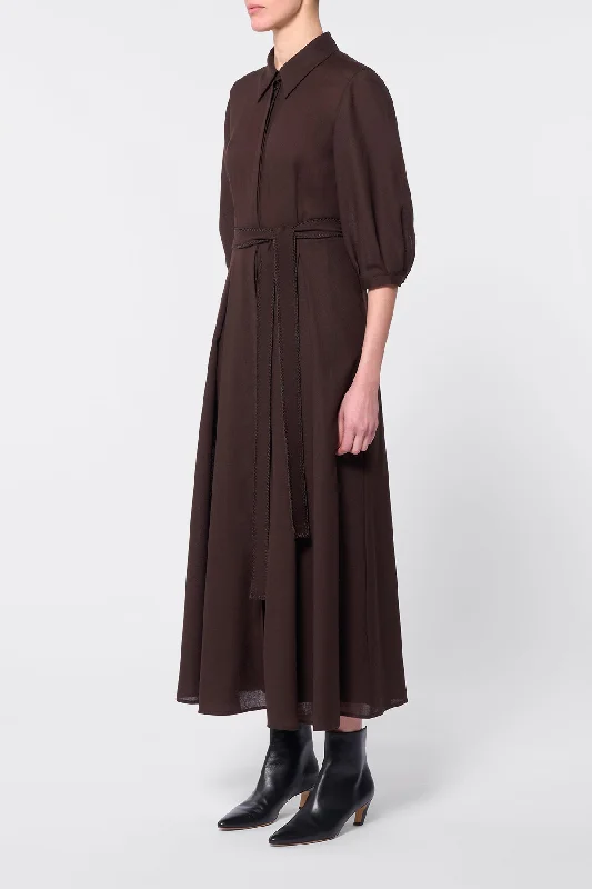 Andy Pleated Shirtdress in Chocolate Virgin Wool