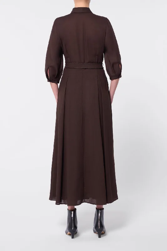 Andy Pleated Shirtdress in Chocolate Virgin Wool