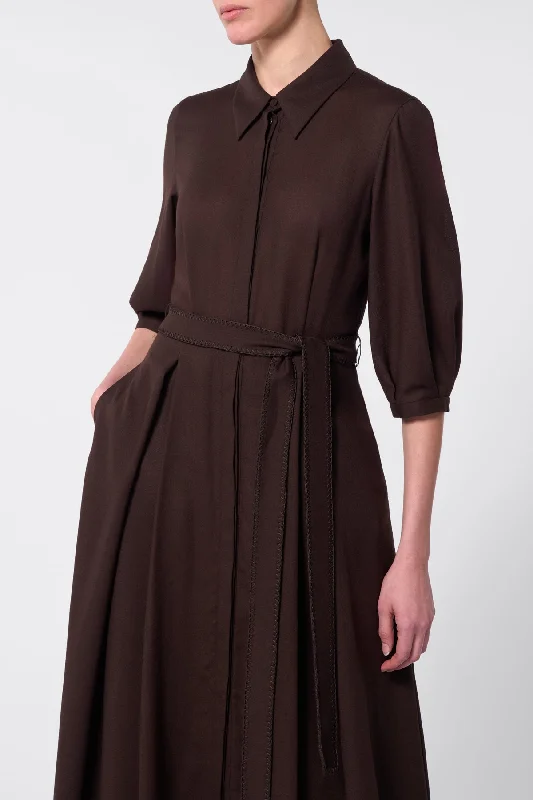 Andy Pleated Shirtdress in Chocolate Virgin Wool