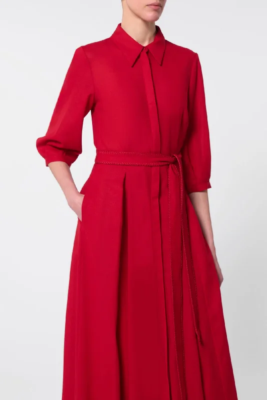 Andy Pleated Shirtdress in Scarlet Red Virgin Wool