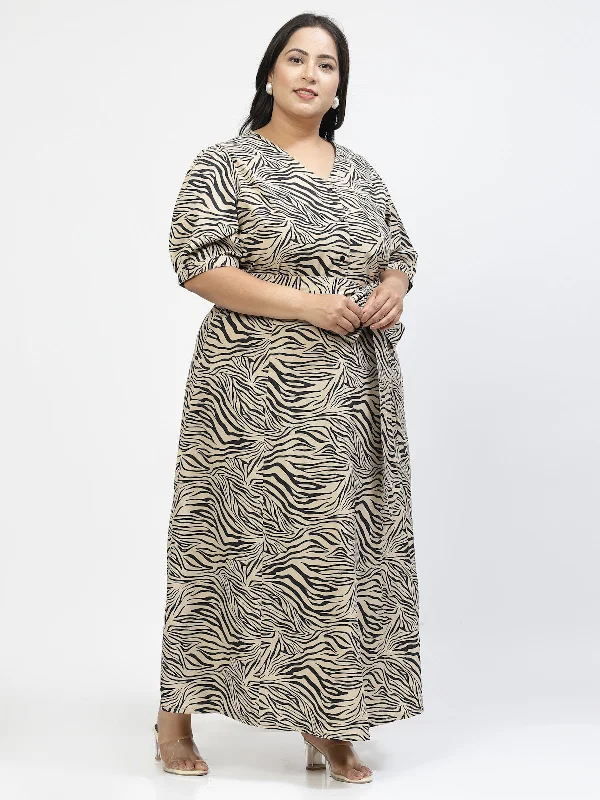 Animal Printed V Neck Plus Size Fit & Flare Maxi Dress