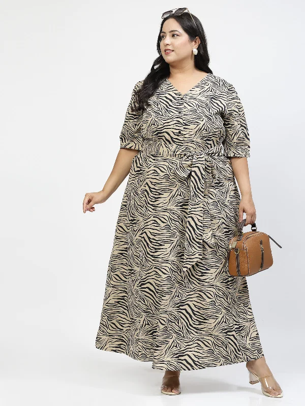 Animal Printed V Neck Plus Size Fit & Flare Maxi Dress