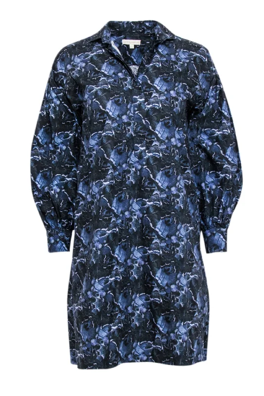 Ann Mashburn - Navy & Blue Abstract Print Shirt Dress Sz XS