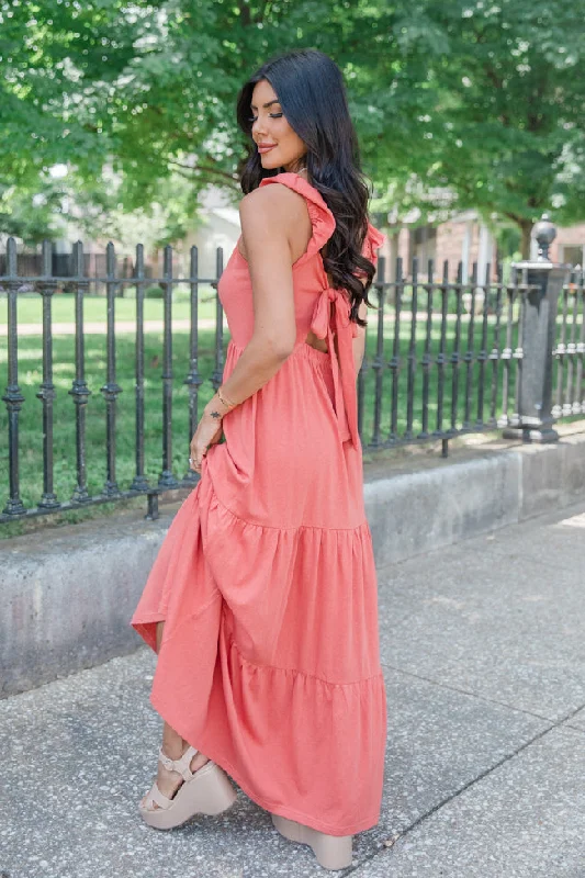 As Time Passes Coral Cinch Chest Maxi Dress SALE