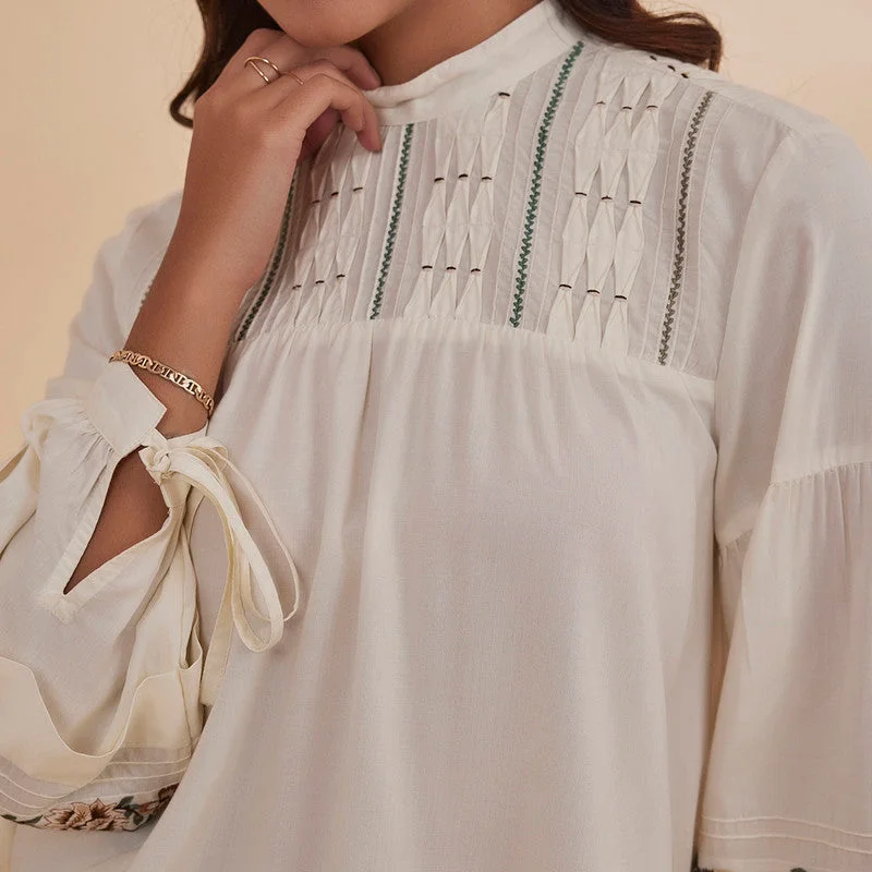 Bamboo Silk Embroidered Top for Women | Ecru | Full Sleeves