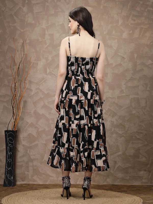 Black & Brown Abstract Printed Shoulder Straps Tiered Detail A-Line Maxi Dress