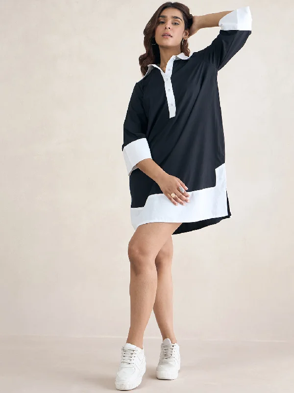 Black Colorblock Knee Length Shirt Dress