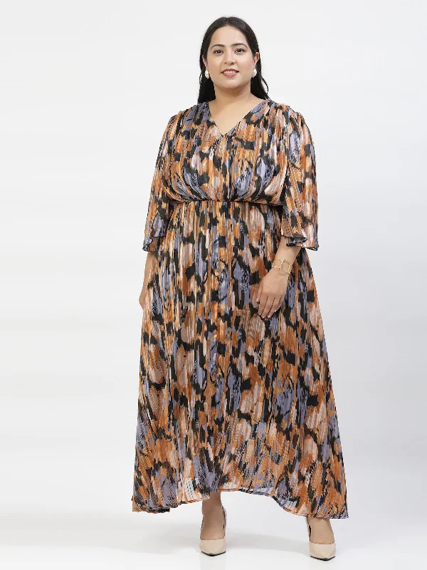 Black Plus Size Abstract Print Flared Sleeve Fit & Flare Maxi Dress