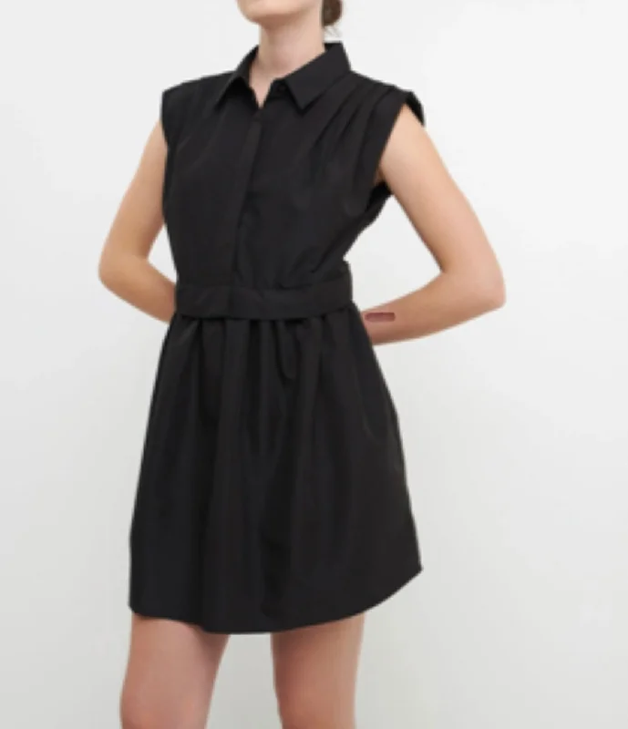 Blk Pleated Shirt Dress