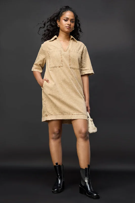 Tan Beige Denim Boxy Shirt Dress