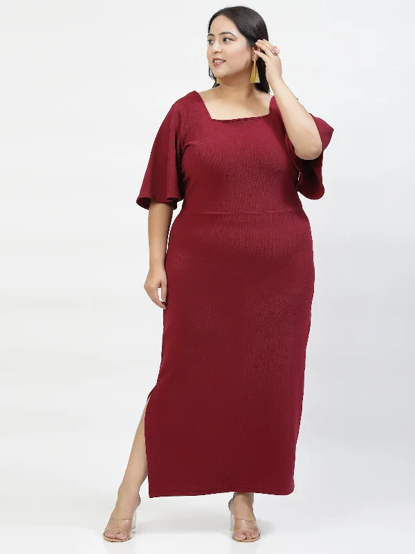 Burgundy Square Neck Flared Sleeve Maxi Dress