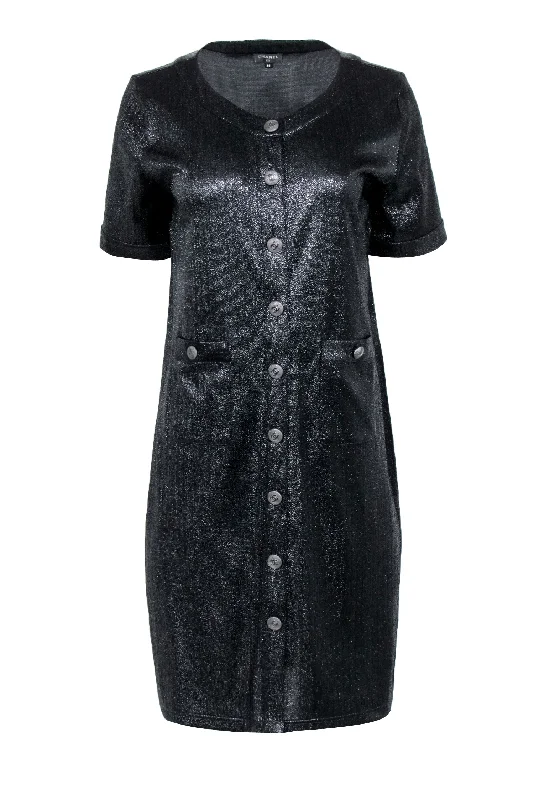 Chanel - Black Metallic Button Front Shirt Dress Sz 8