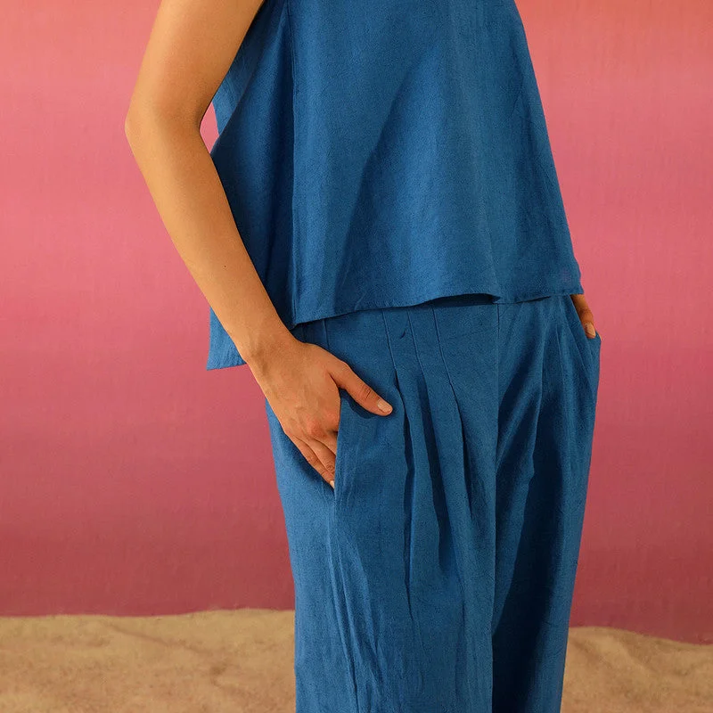 Cotton Linen Co Ord Set for Women | Blue | Sleeveless