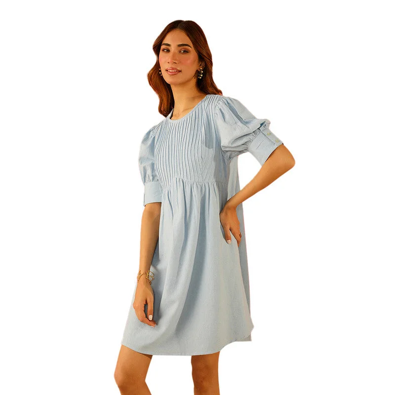 Cotton Linen Short Dress for Women | Blue