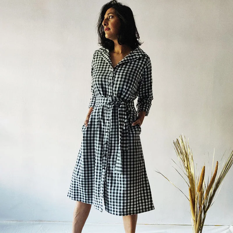 Cotton Checkered Shirt Dress | Black & White