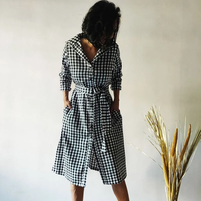 Cotton Checkered Shirt Dress | Black & White