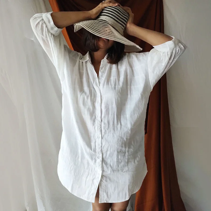 Cotton Checkered Shirt Dress | White