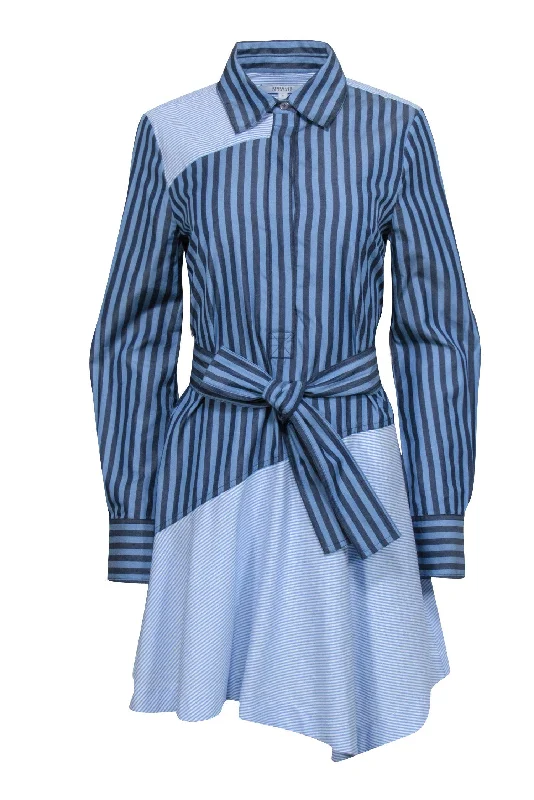 Derek Lam - Blue Mixed Stripe Print Belted Shirt Dress Sz 8