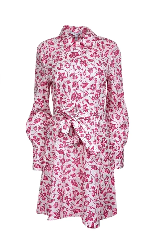 Derek Lam - White, Magenta, & Pink Floral Print Poplin Belted Shirtdress Sz 8