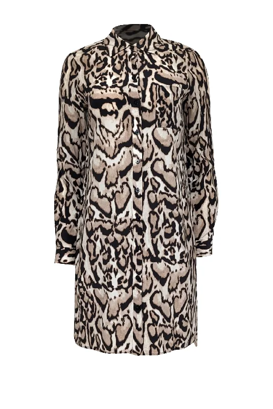 Diane von Furstenberg - Tan & Black Leopard Print Silk Shirtdress Sz 4