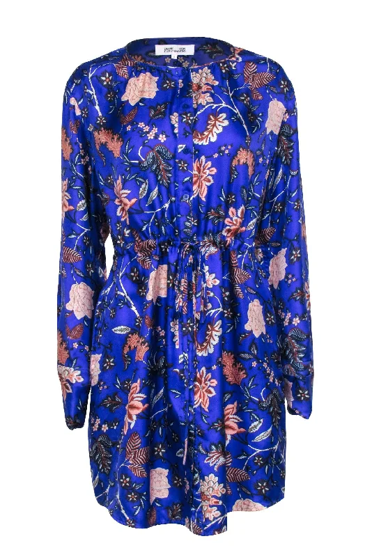 Diane von Furstenberg - Royal Blue Floral Print Silk Shirt Dress Sz 6