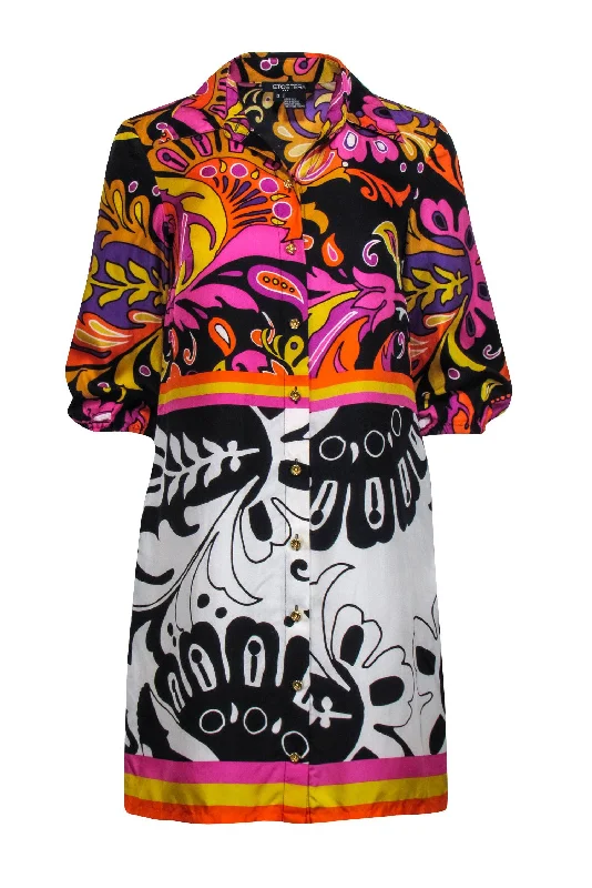 Etcetera - Retro Black, Yellow, & Pink Mixed Paisley Print Shirtdress Sz 0