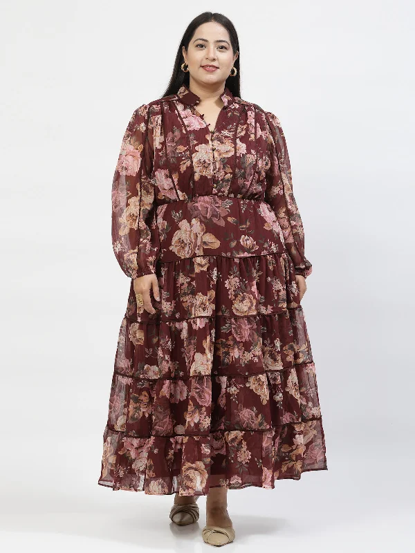 Floral Printed Puff Sleeve Plus Size Fit And Flare Maxi Dress