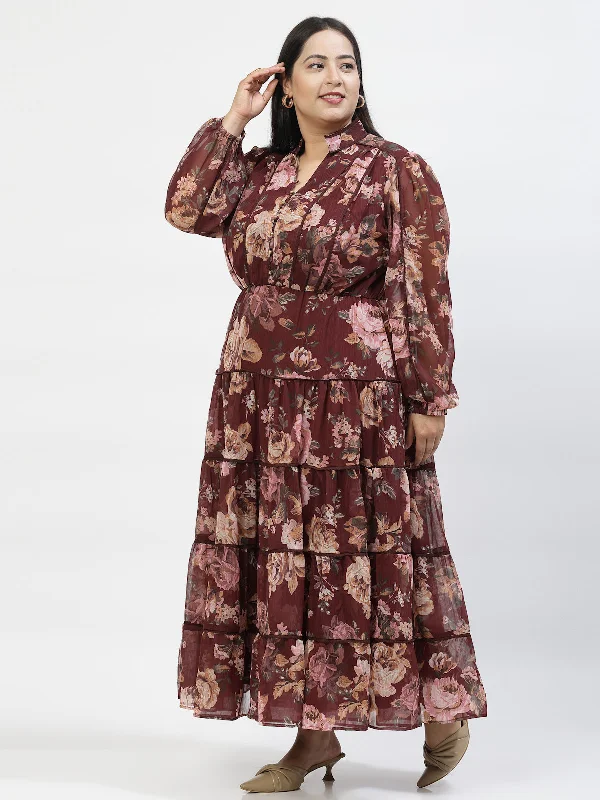 Floral Printed Puff Sleeve Plus Size Fit And Flare Maxi Dress