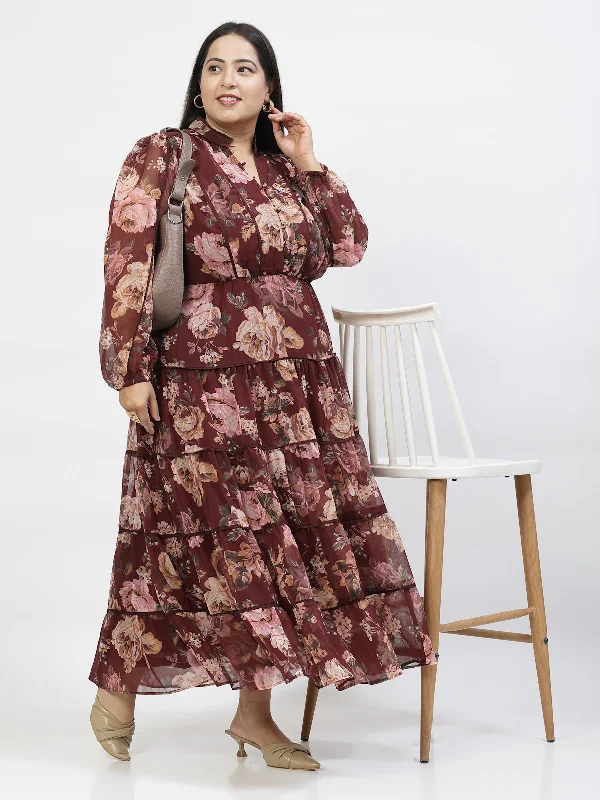 Floral Printed Puff Sleeve Plus Size Fit And Flare Maxi Dress