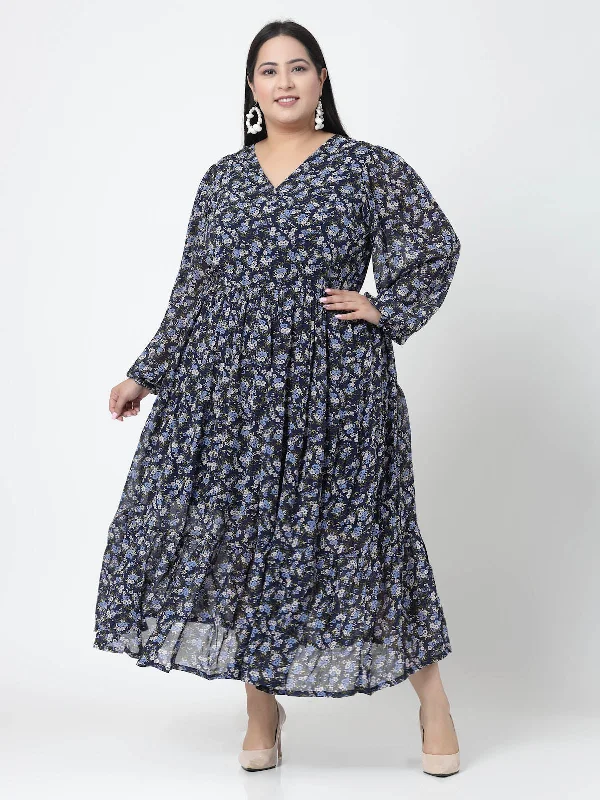 Floral Printed Puffed Sleeves Maxi Dress