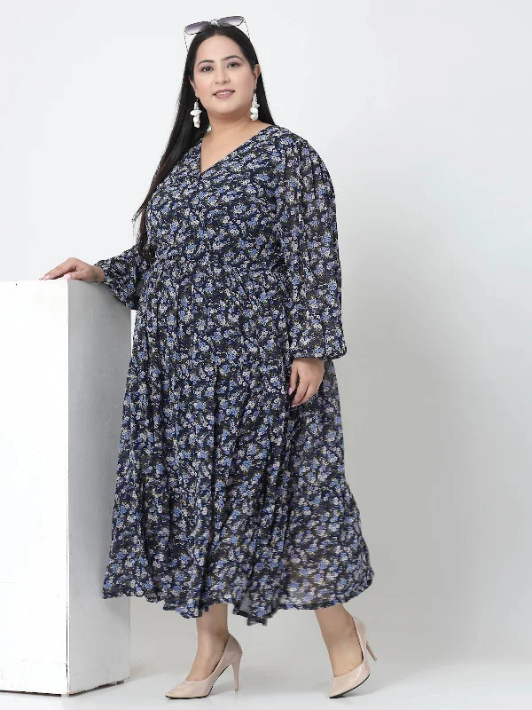 Floral Printed Puffed Sleeves Maxi Dress