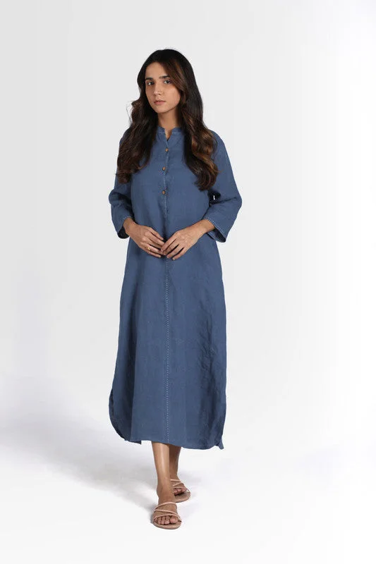 Pure Linen Shirt Dress | Blue