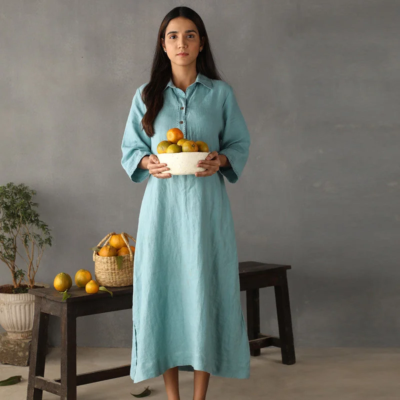 Pure Linen Shirt Dress | Blue