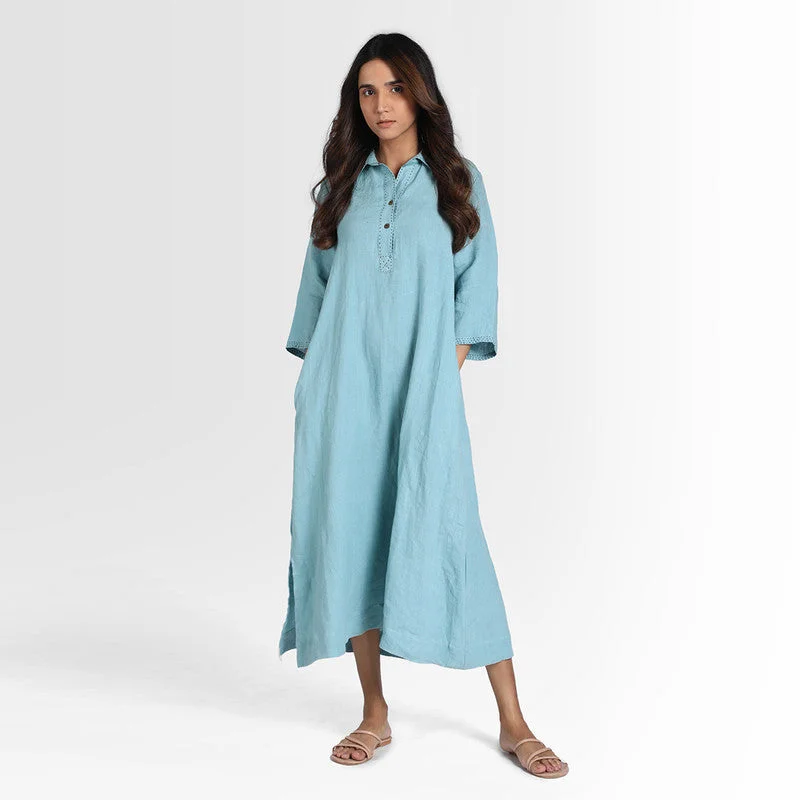 Pure Linen Shirt Dress | Blue