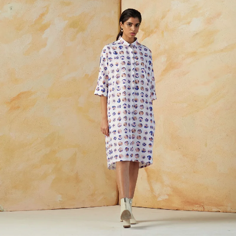 Pure Linen Printed Shirt Dress | White & Blue