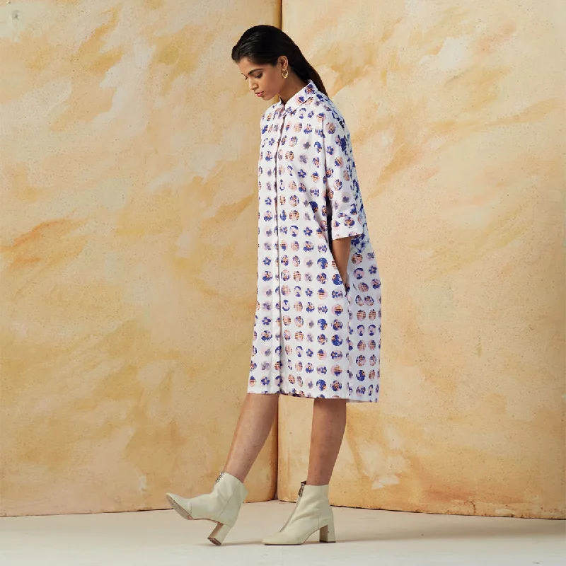 Pure Linen Printed Shirt Dress | White & Blue