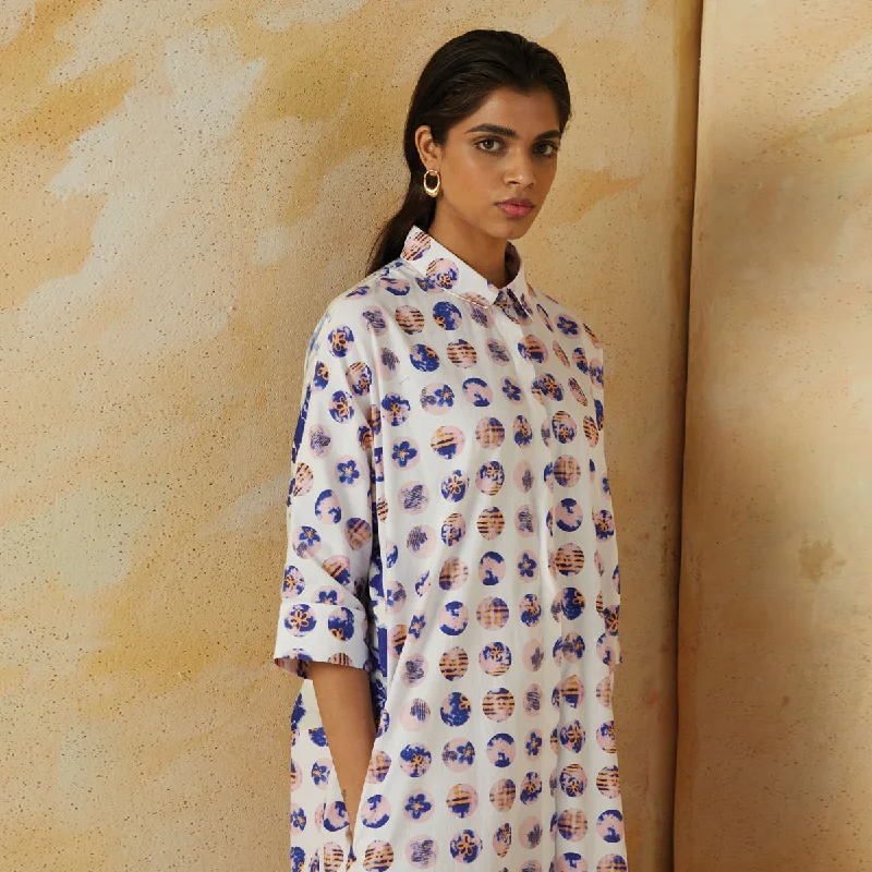 Pure Linen Printed Shirt Dress | White & Blue