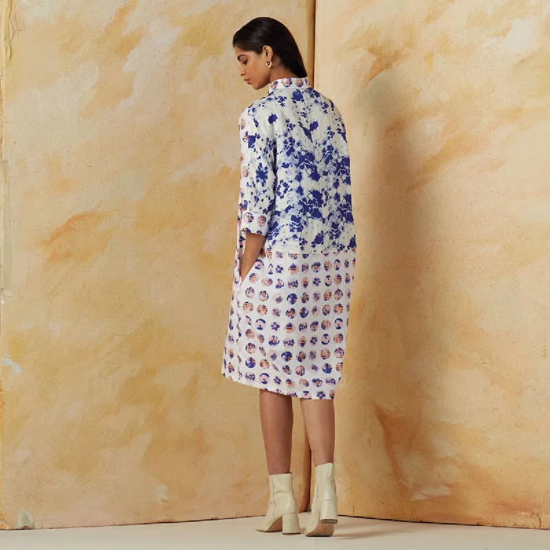 Pure Linen Printed Shirt Dress | White & Blue