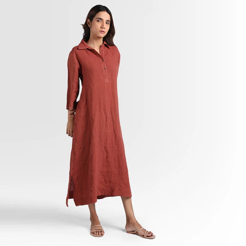 Pure Linen Shirt Dress | Brown