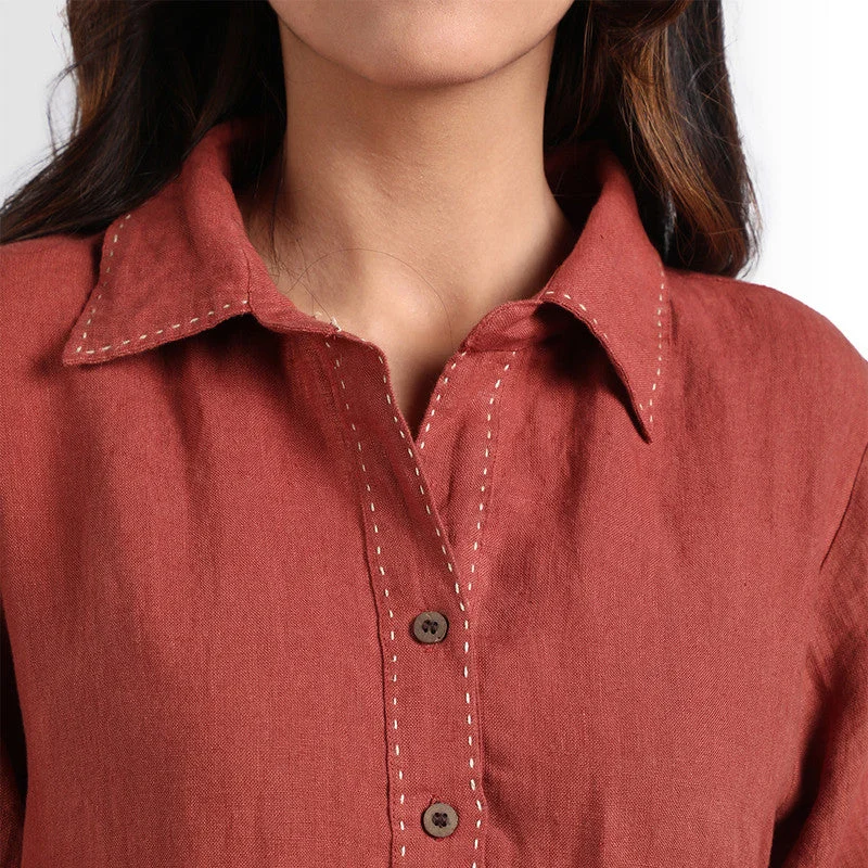 Pure Linen Shirt Dress | Brown