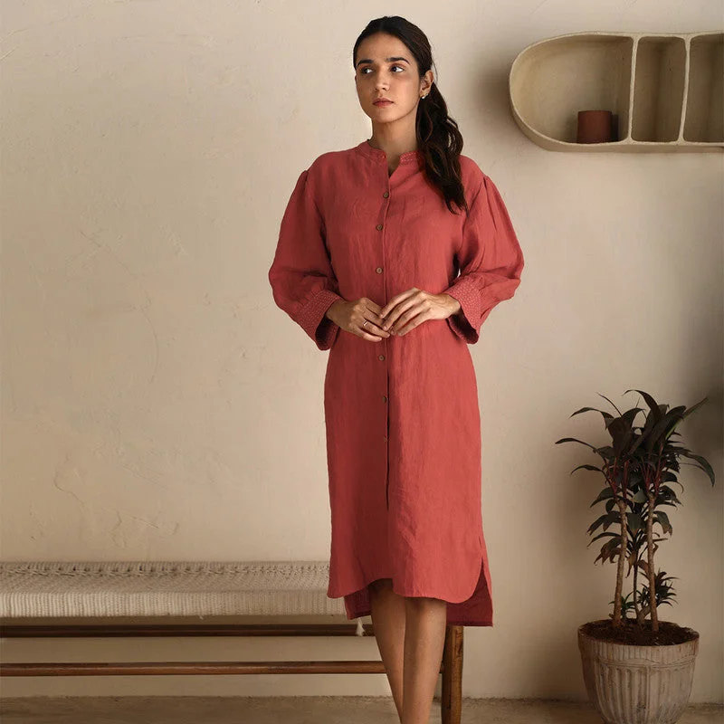 Pure Linen Shirt Dress | Rust Orange