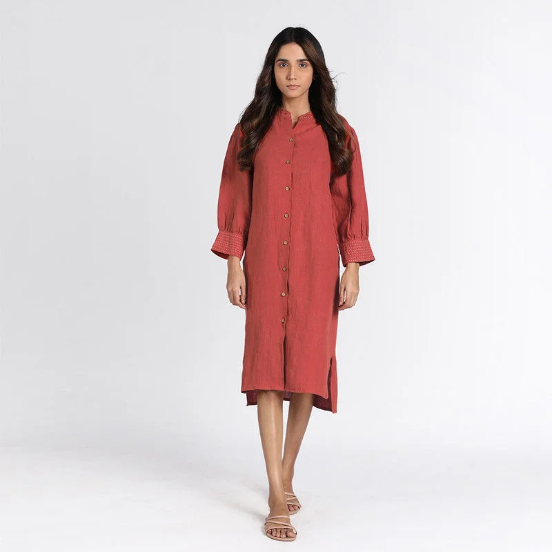 Pure Linen Shirt Dress | Rust Orange